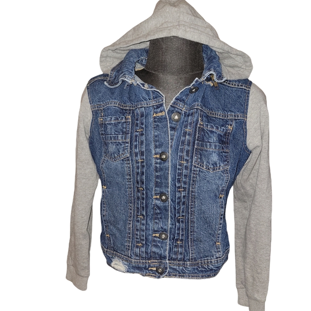 New Look Distressed Denim and Gray Fleece Hoodie Hooded Jacket sz S